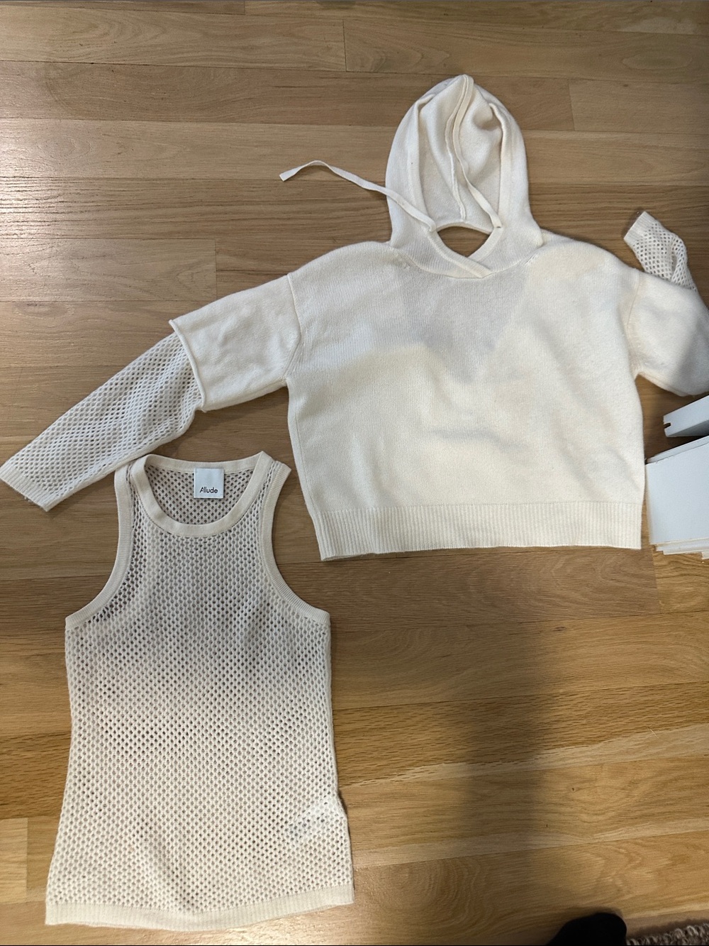 Allude Cream Hooded Knit Pullover & Mesh Tank Set
